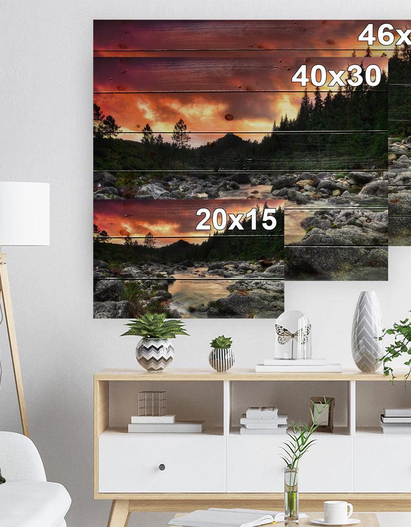 DesignQ Rocky Mountain River At Sunset - Wall Art Landscape Print On Natural Pine Wood