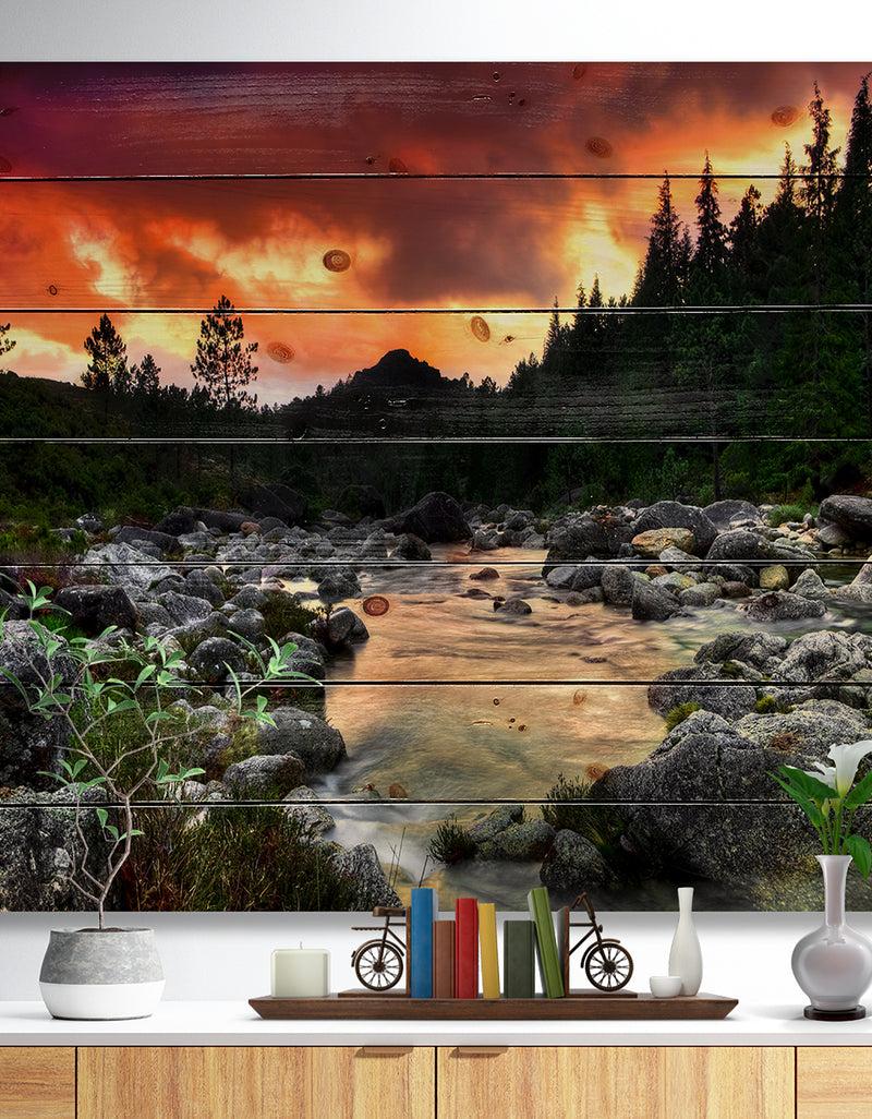 DesignQ Rocky Mountain River at Sunset - Wall Art Landscape Print on Natural Pine Wood