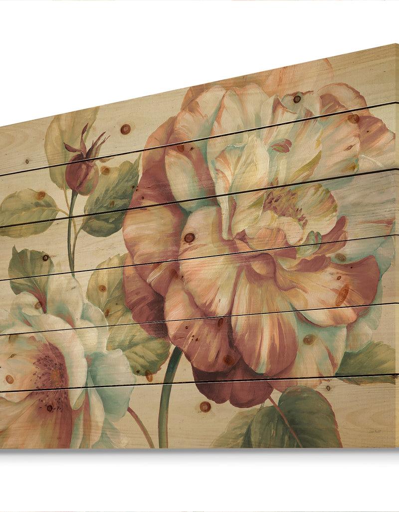 DesignQ Romantic Dark Rose Blossing Flowers - Floral Print On Natural Pine Wood