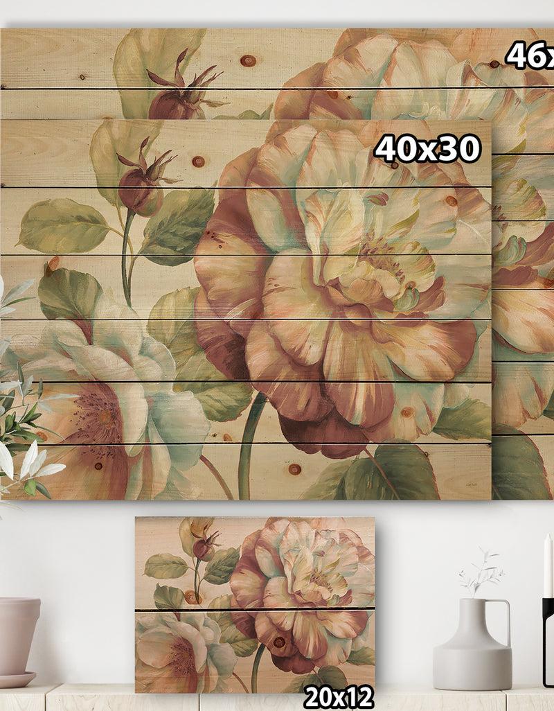 DesignQ Romantic Dark Rose Blossing Flowers - Floral Print On Natural Pine Wood