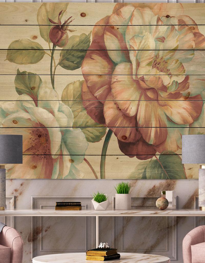 DesignQ Romantic Dark Rose Blossing Flowers - Floral Print on Natural Pine Wood