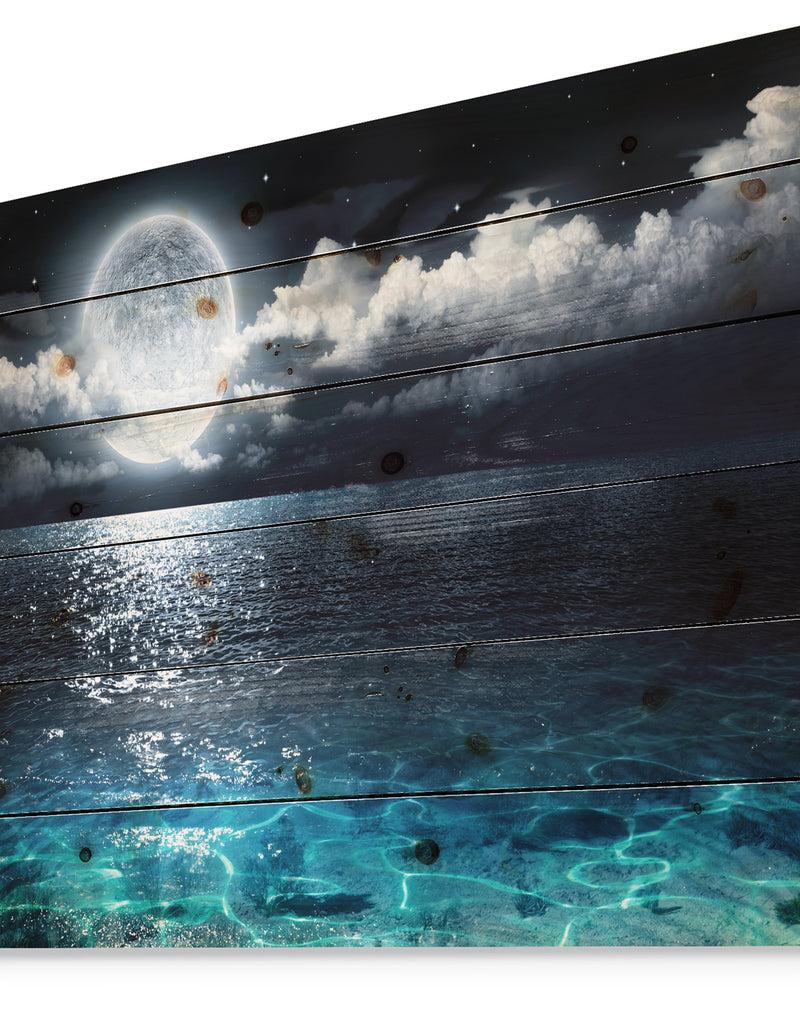 DesignQ Romantic Full Moon Over Sea - Seascape Print On Natural Pine Wood