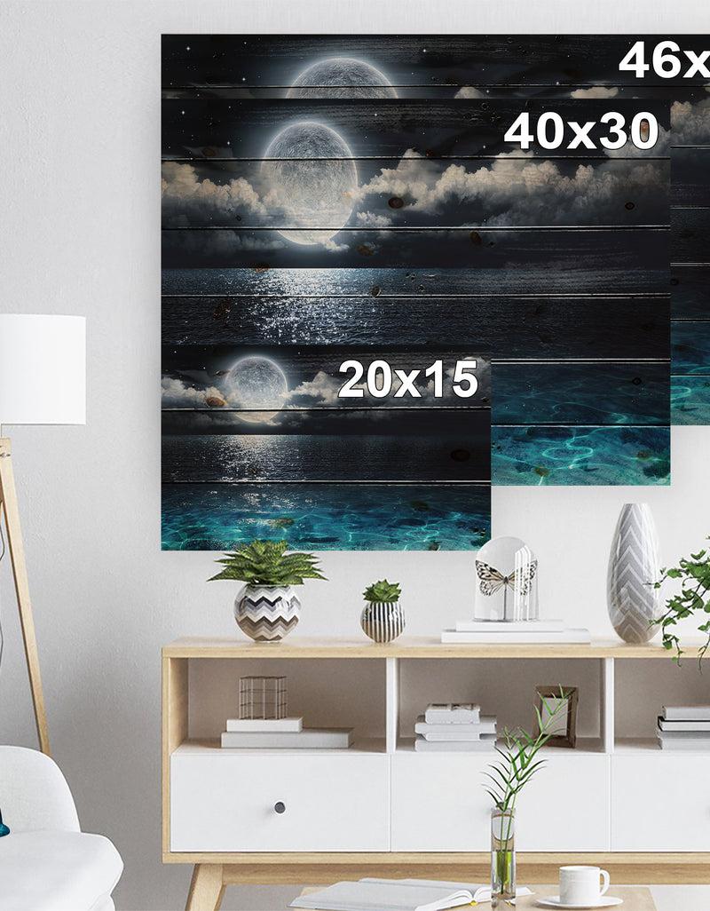 DesignQ Romantic Full Moon Over Sea - Seascape Print On Natural Pine Wood
