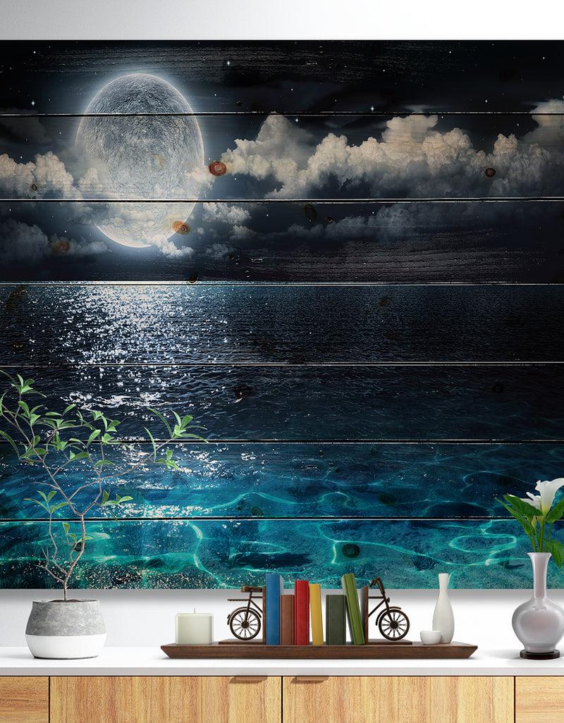 DesignQ Romantic Full Moon Over Sea - Seascape Print on Natural Pine Wood