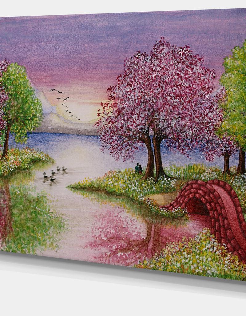 DesignQ Romantic Lake In Pink And Green - Extra Large Wall Art Landscape