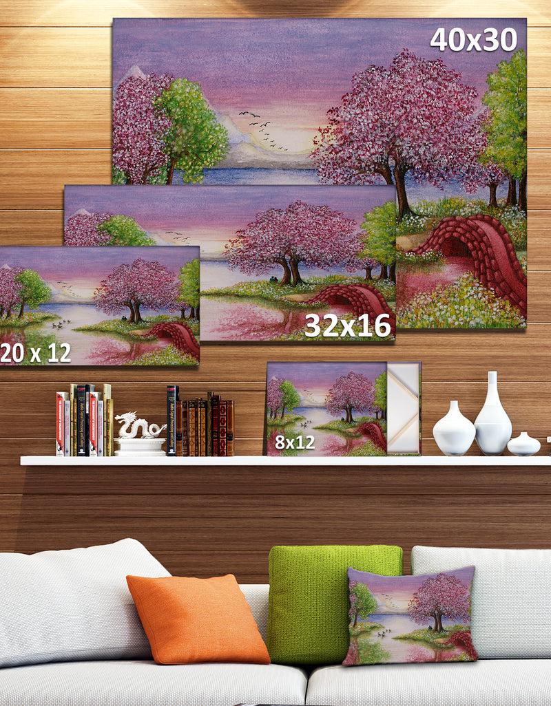 DesignQ Romantic Lake In Pink And Green - Extra Large Wall Art Landscape