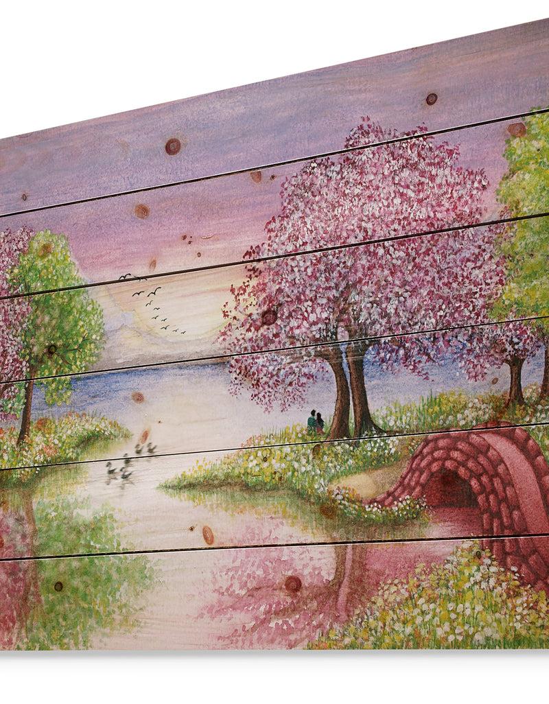 DesignQ Romantic Lake In Pink And Green - Landscape Print On Natural Pine Wood