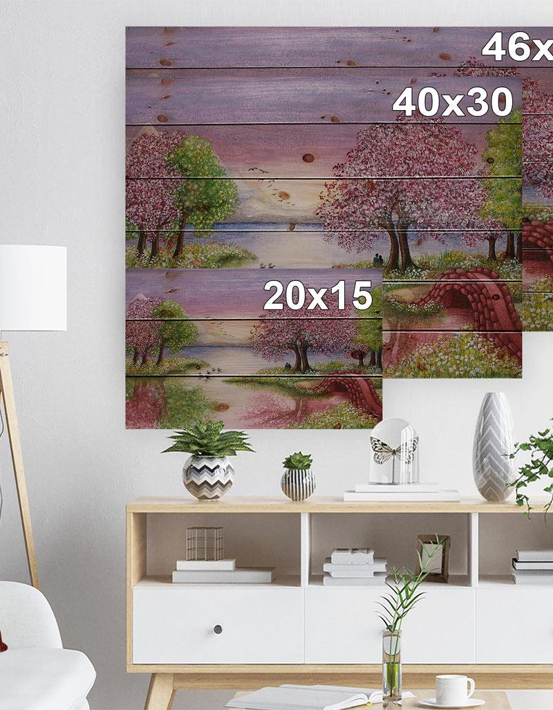 DesignQ Romantic Lake In Pink And Green - Landscape Print On Natural Pine Wood