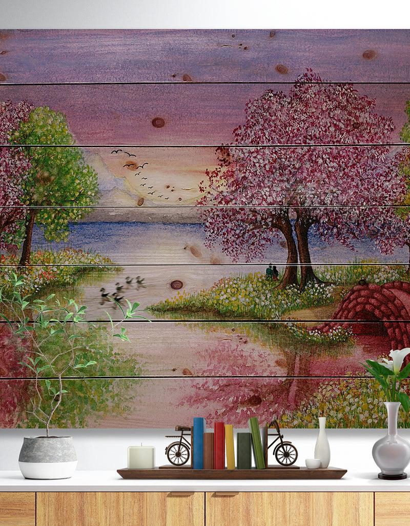 DesignQ Romantic Lake in Pink and Green - Landscape Print on Natural Pine Wood