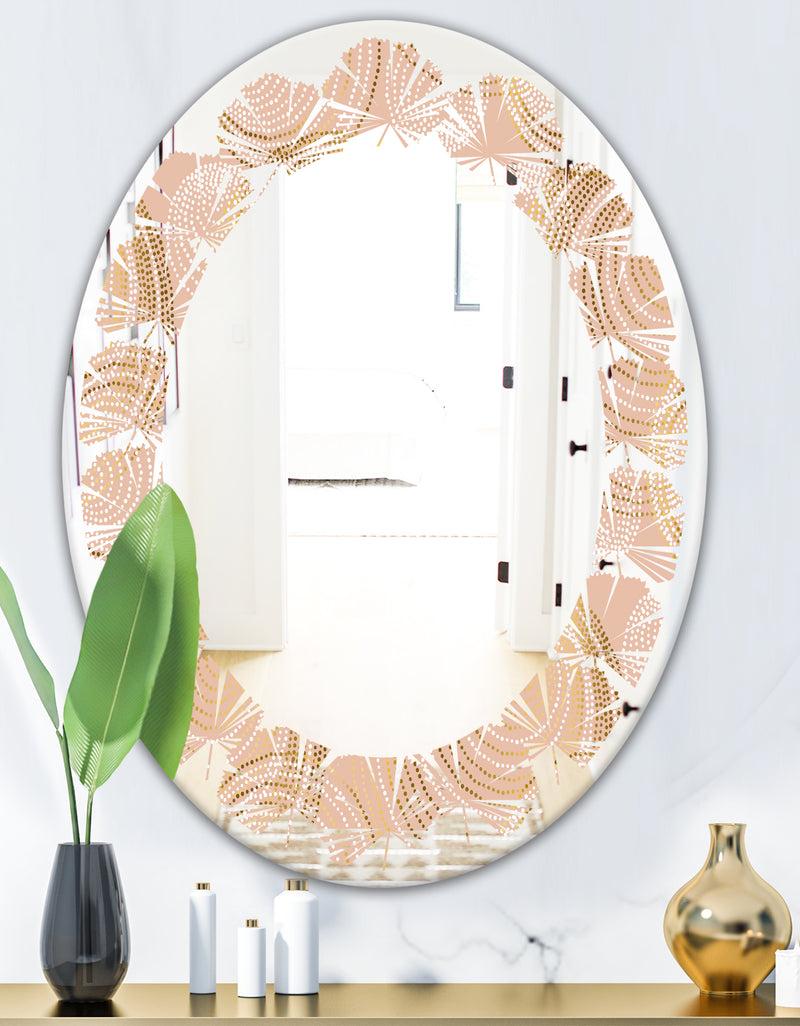 DesignQ Rose Gold Abstract Geometry Luxury - Modern Round Or Oval Wall Mirror - Leaves