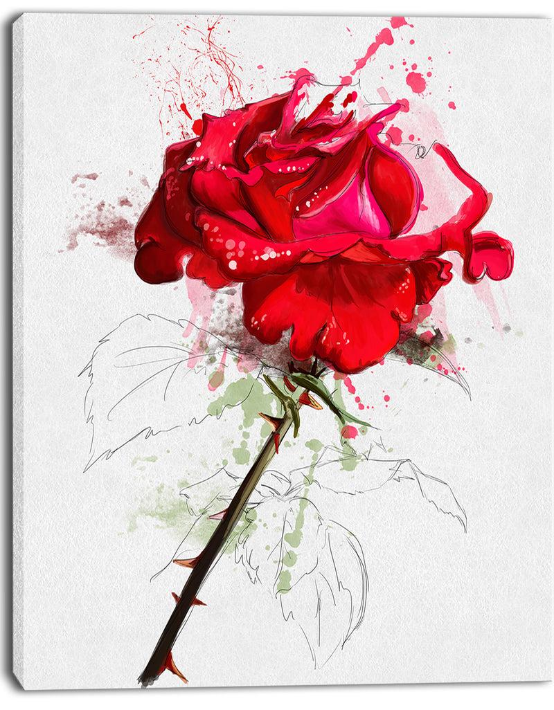 DesignQ Rose Sketch With Stem On White - Flower Artwork On Canvas