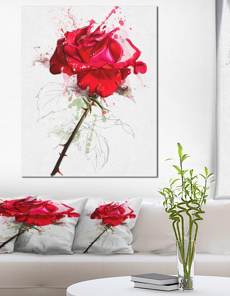 DesignQ Rose Sketch with Stem on White - Flower Artwork on Canvas