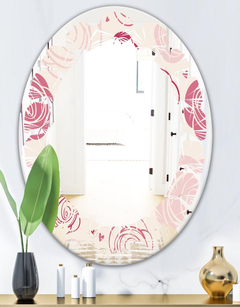 DesignQ Roses Pattern - Modern Round Or Oval Wall Mirror - Leaves