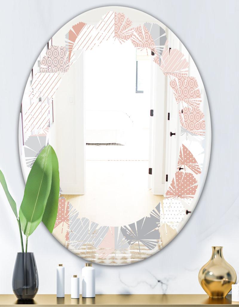 DesignQ Round Geometric Textured Pattern - Modern Round Or Oval Wall Mirror - Leaves