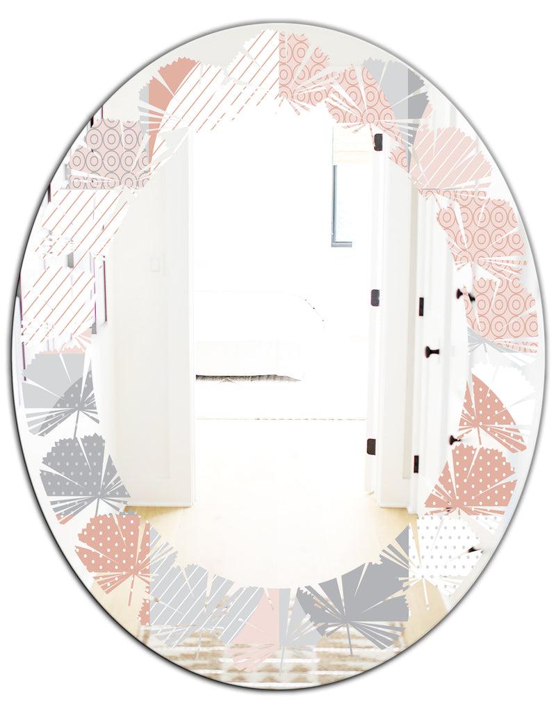 DesignQ Round Geometric Textured Pattern - Modern Round Or Oval Wall Mirror - Leaves