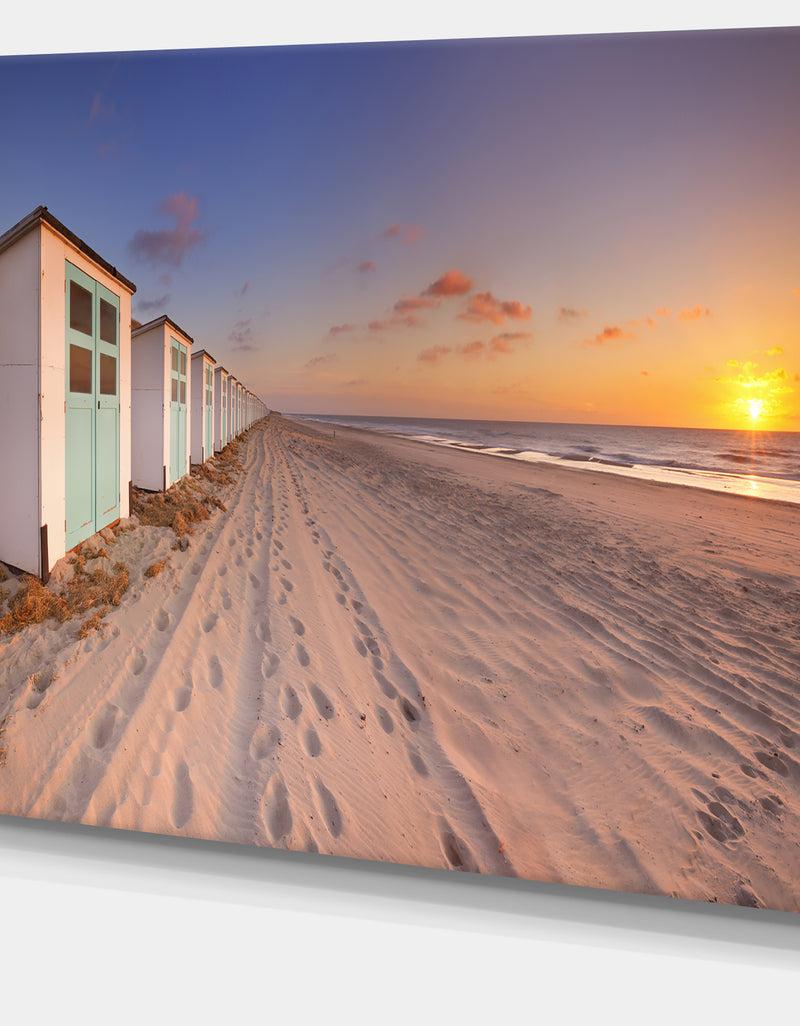 DesignQ Row Of Beach Huts At Sunset - Modern Landscape Canvas Art