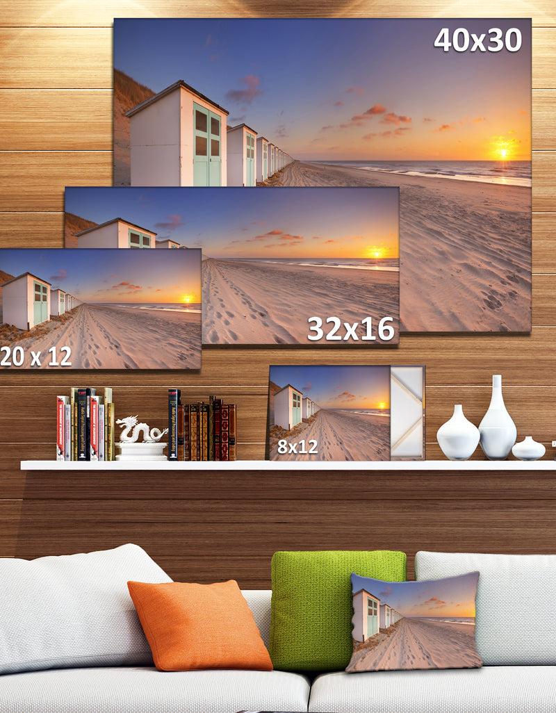 DesignQ Row Of Beach Huts At Sunset - Modern Landscape Canvas Art