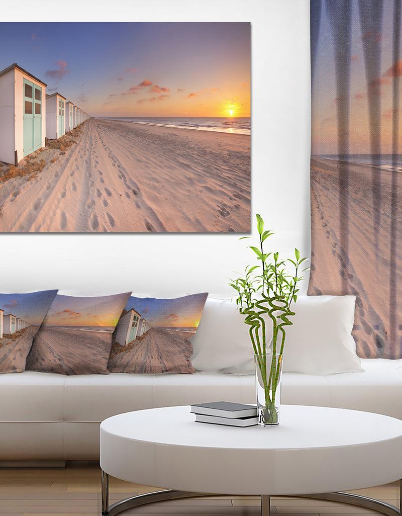 DesignQ Row of Beach Huts at Sunset - Modern Landscape Canvas Art