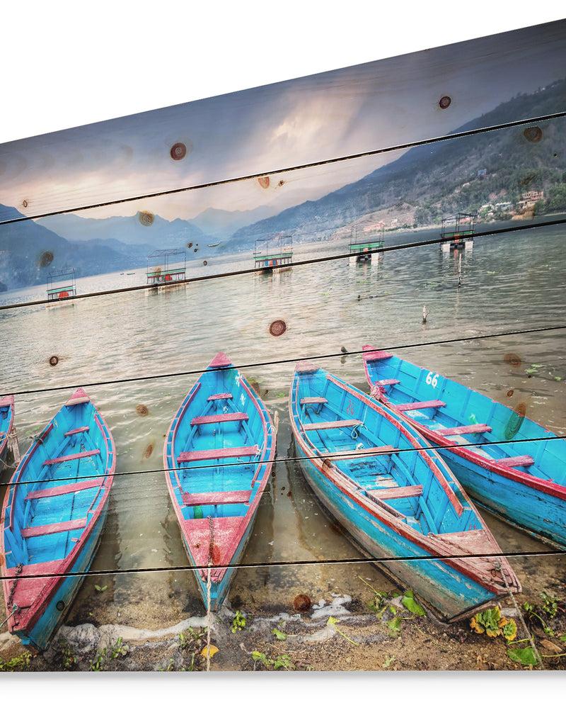 DesignQ Row Of Blue Boats In Pokhara Lake - Boat Print On Natural Pine Wood