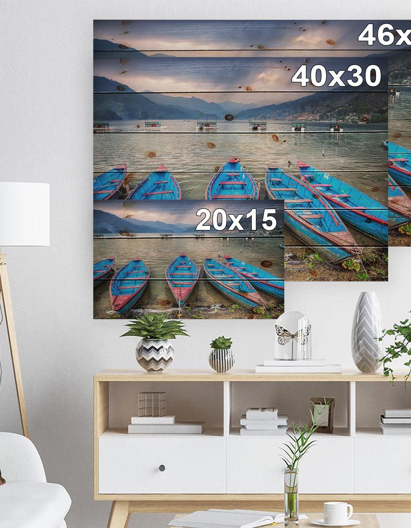 DesignQ Row Of Blue Boats In Pokhara Lake - Boat Print On Natural Pine Wood