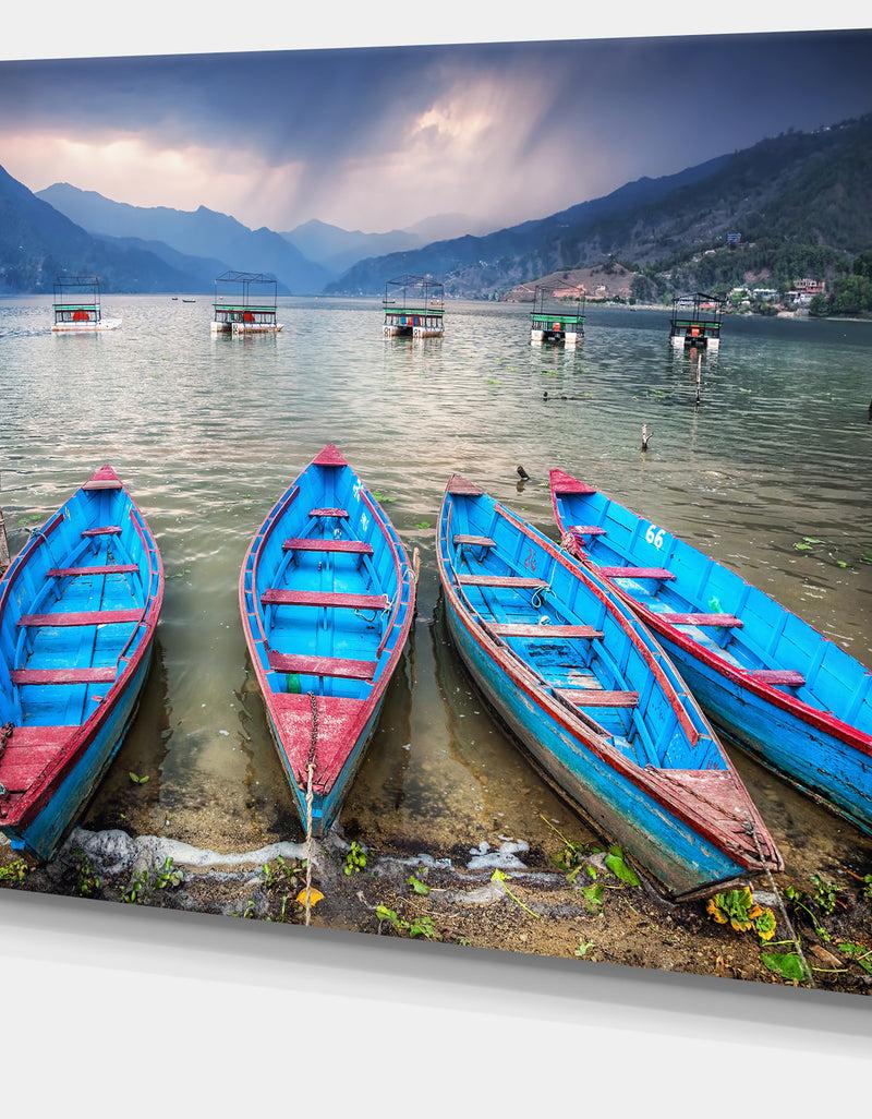 DesignQ Row Of Blue Boats In Pokhara Lake - Boat Wall Artwork On Canvas