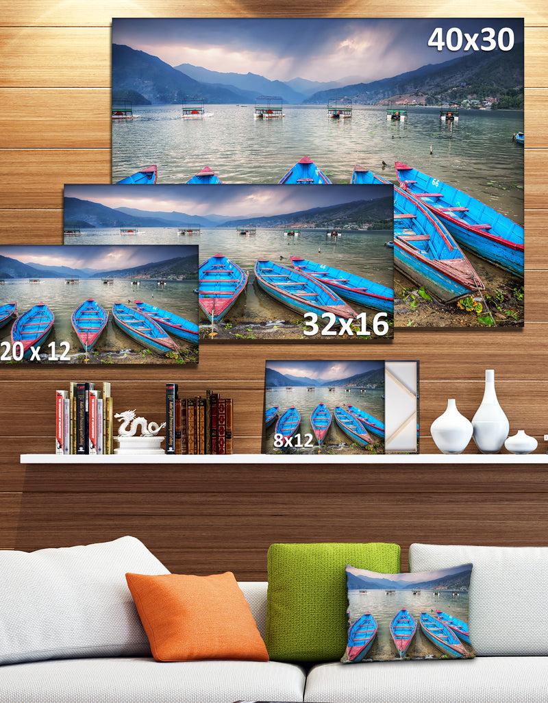 DesignQ Row Of Blue Boats In Pokhara Lake - Boat Wall Artwork On Canvas