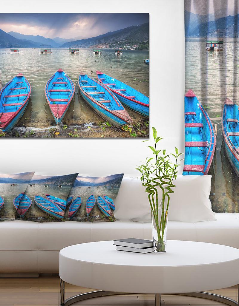 DesignQ Row of Blue Boats in Pokhara Lake - Boat Wall Artwork on Canvas