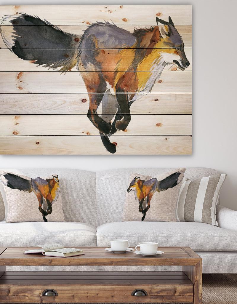 DesignQ Running Fox watercolor illustration - Animals Painting Print on Natural Pine Wood
