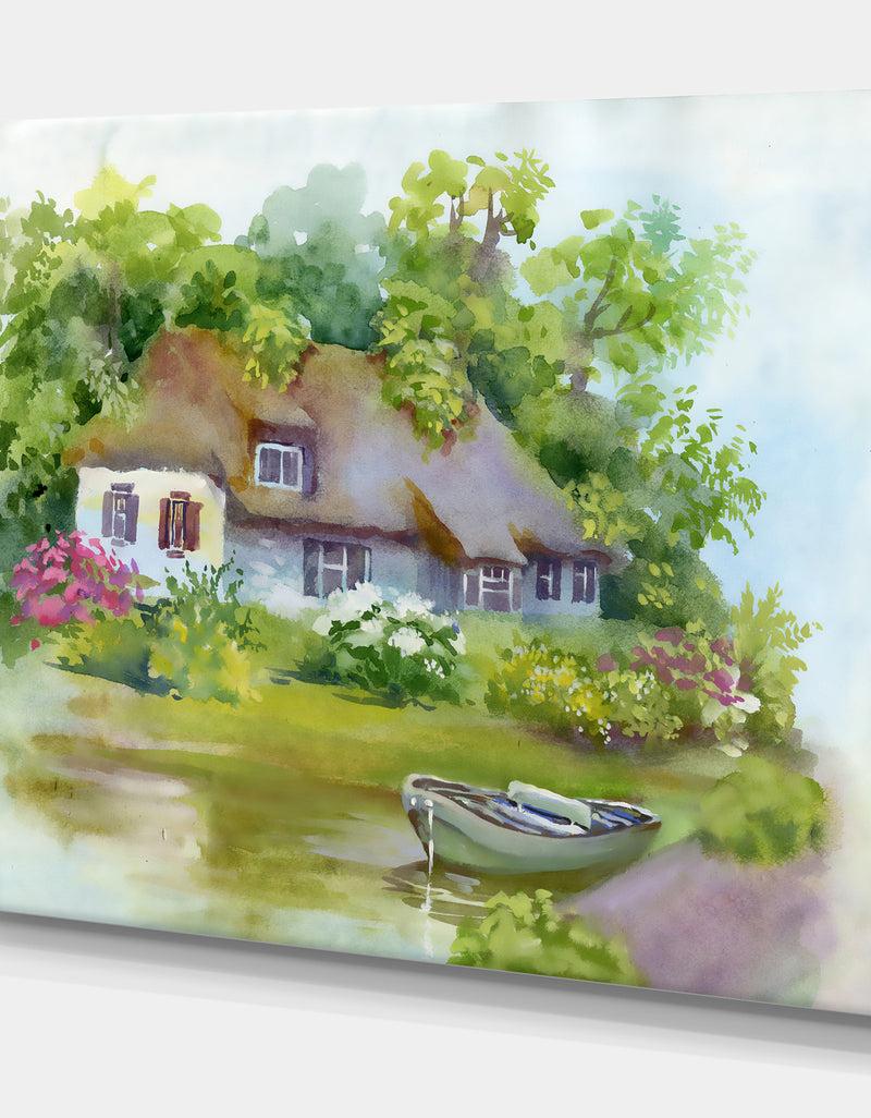 DesignQ Rural House In Green Summer Day - Landscapes Painting Print On Wrapped Canvas