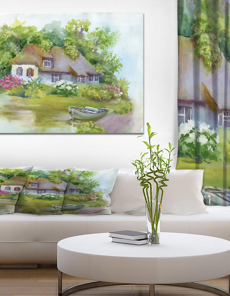 DesignQ Rural house in green summer day - Landscapes Painting Print on Wrapped Canvas