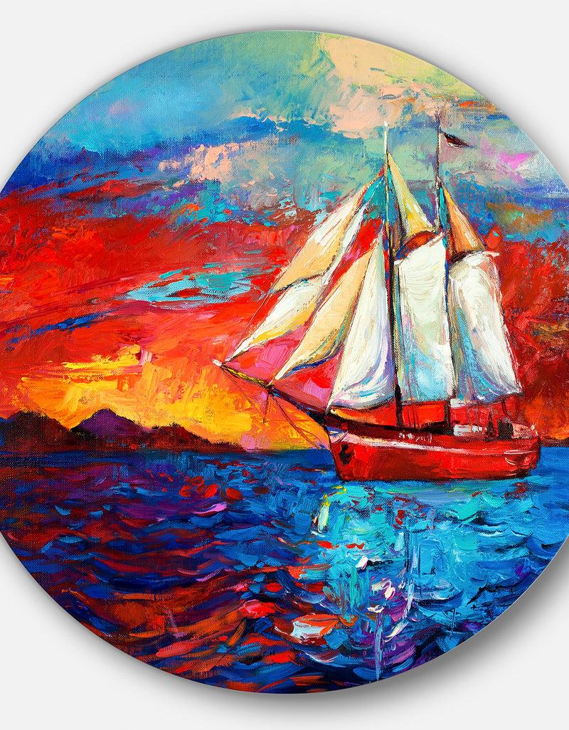 DesignQ Sail Ship During Sunset - Seascape Painting Disc Metal Artwork
