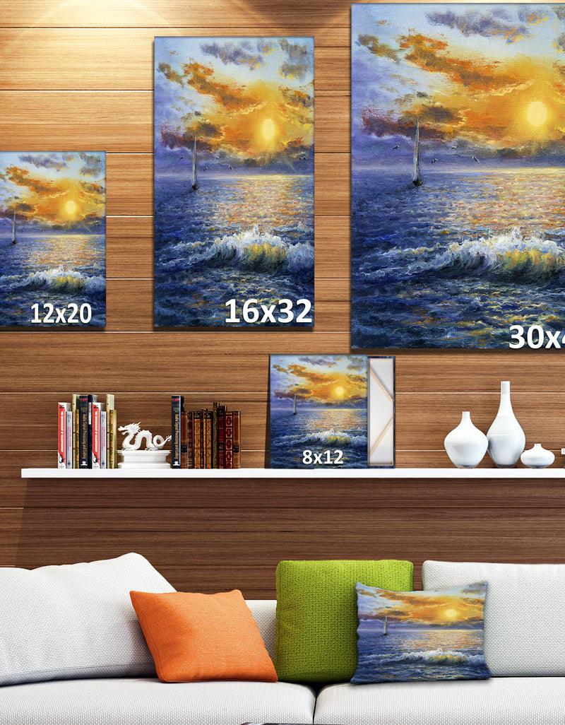 DesignQ Sailboat In Beautiful Golden Sunrise - Sea & Shore Painting Print On Wrapped Canvas