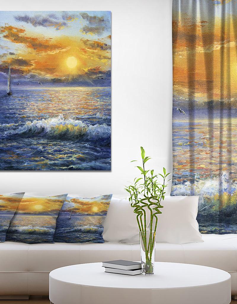 DesignQ Sailboat in Beautiful Golden Sunrise - Sea & Shore Painting Print on Wrapped Canvas