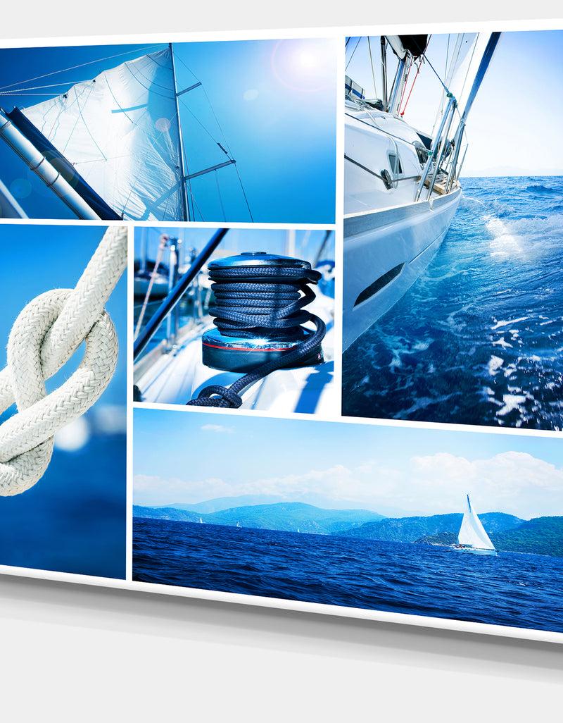 DesignQ Sailing Yacht In Blue Sea Collage - Large Seashore Canvas Wall Art