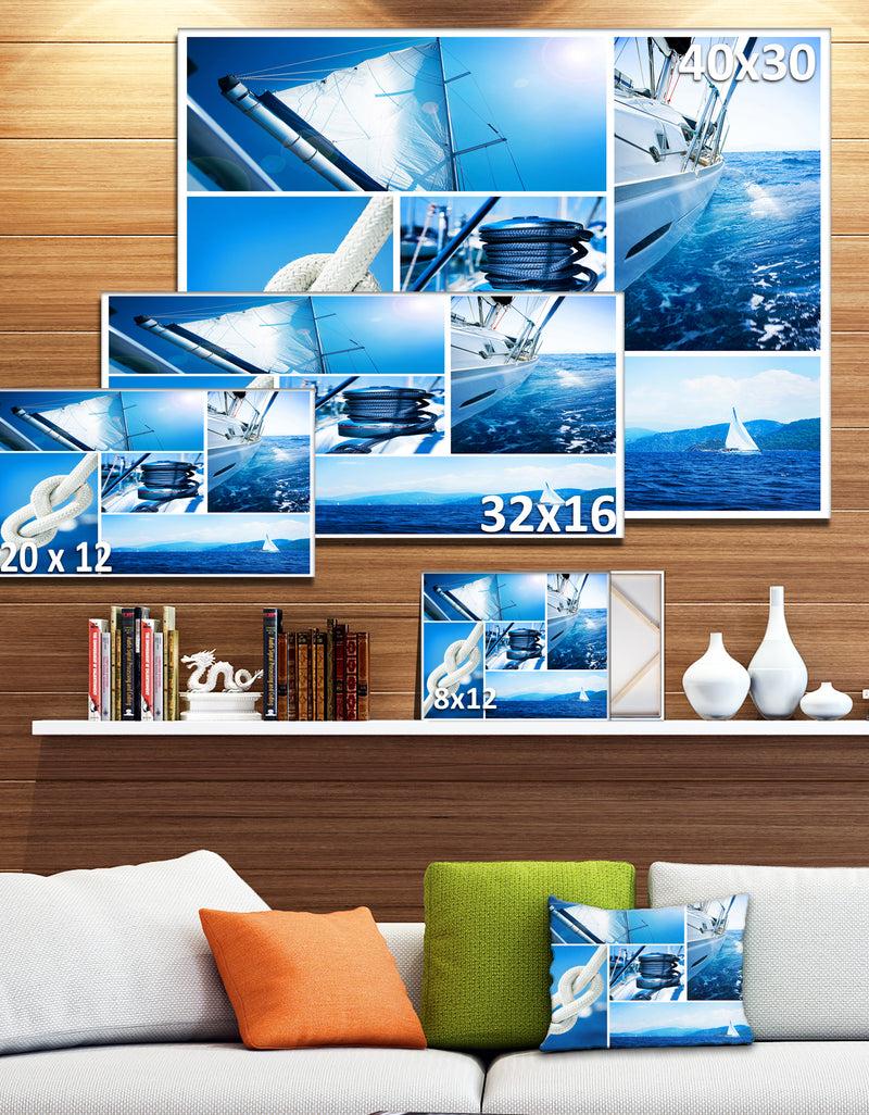 DesignQ Sailing Yacht In Blue Sea Collage - Large Seashore Canvas Wall Art