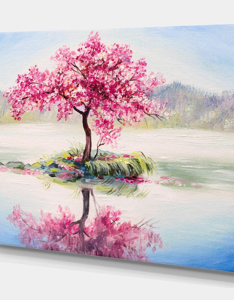 DesignQ Sakura On The Lake - Landscapes Painting Print On Wrapped Canvas