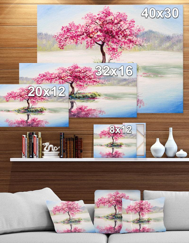 DesignQ Sakura On The Lake - Landscapes Painting Print On Wrapped Canvas