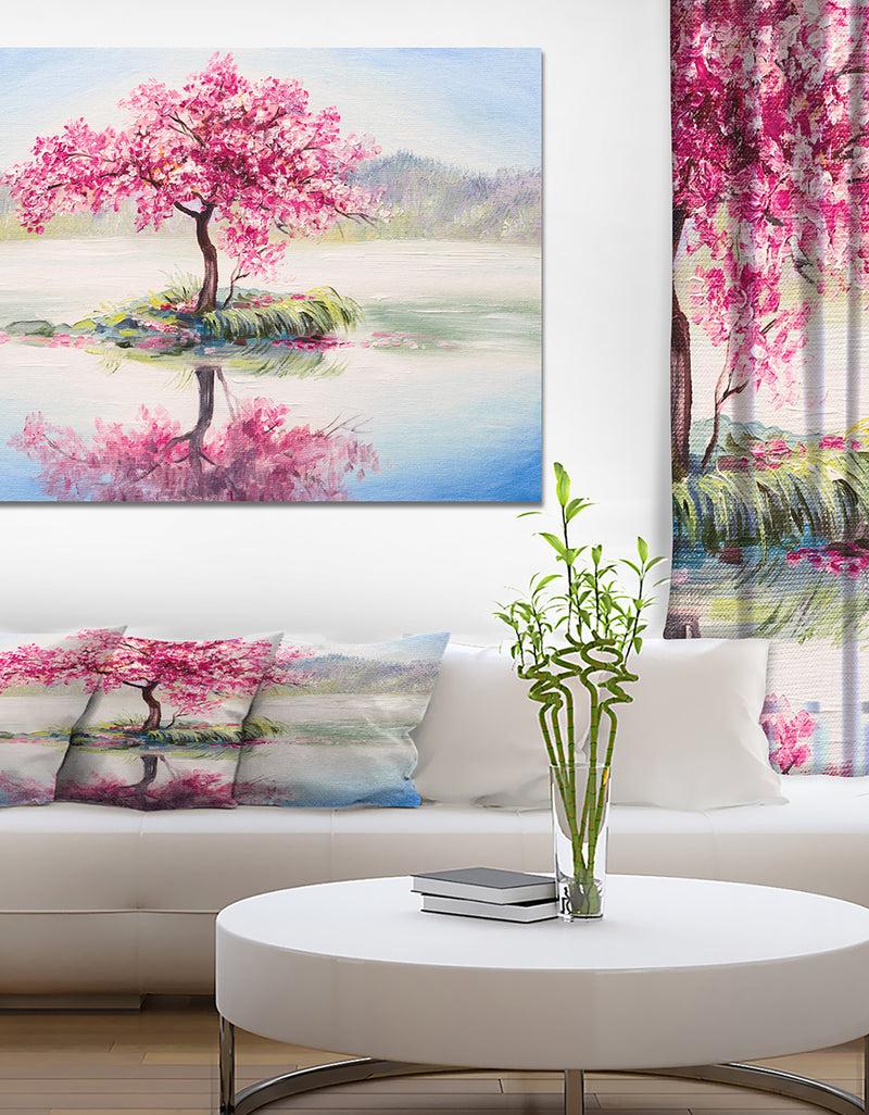 DesignQ Sakura on the Lake - Landscapes Painting Print on Wrapped Canvas