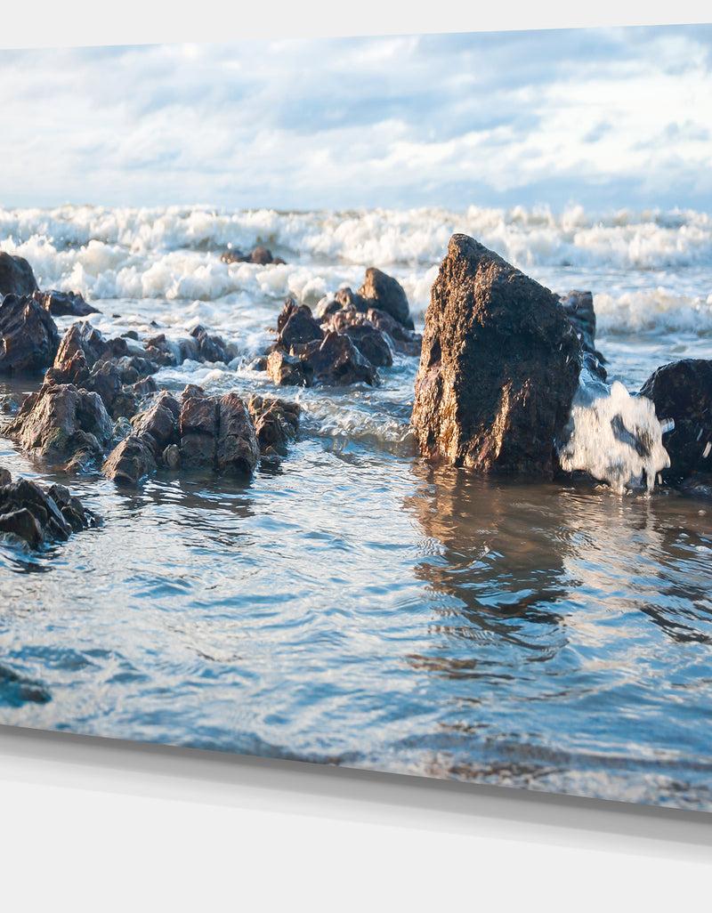 DesignQ Sea Foam In Empty Rocky Seaside - Large Seascape Art Canvas Print