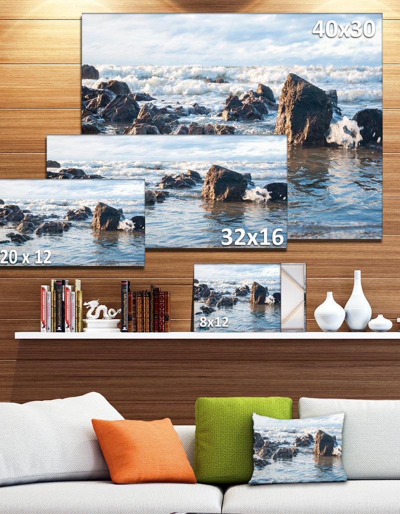 DesignQ Sea Foam In Empty Rocky Seaside - Large Seascape Art Canvas Print