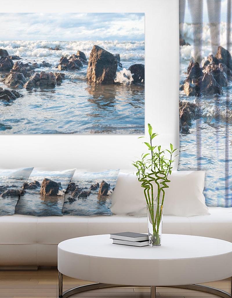 DesignQ Sea Foam in Empty Rocky Seaside - Large Seascape Art Canvas Print