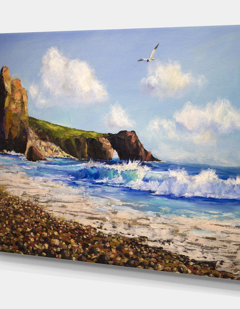 DesignQ Seagull In Sea Landscape View - Landscapes Painting Print On Wrapped Canvas