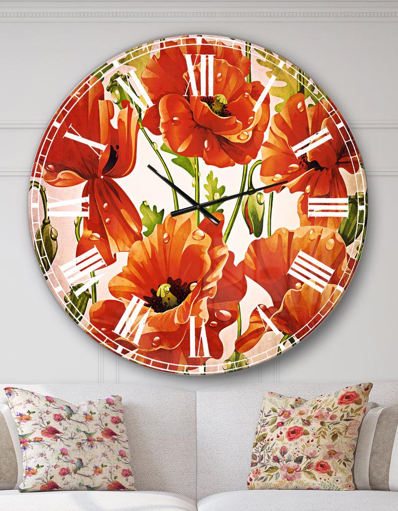 DesignQ Seamless Pattern of Red Poppies - Floral Large Wall CLock