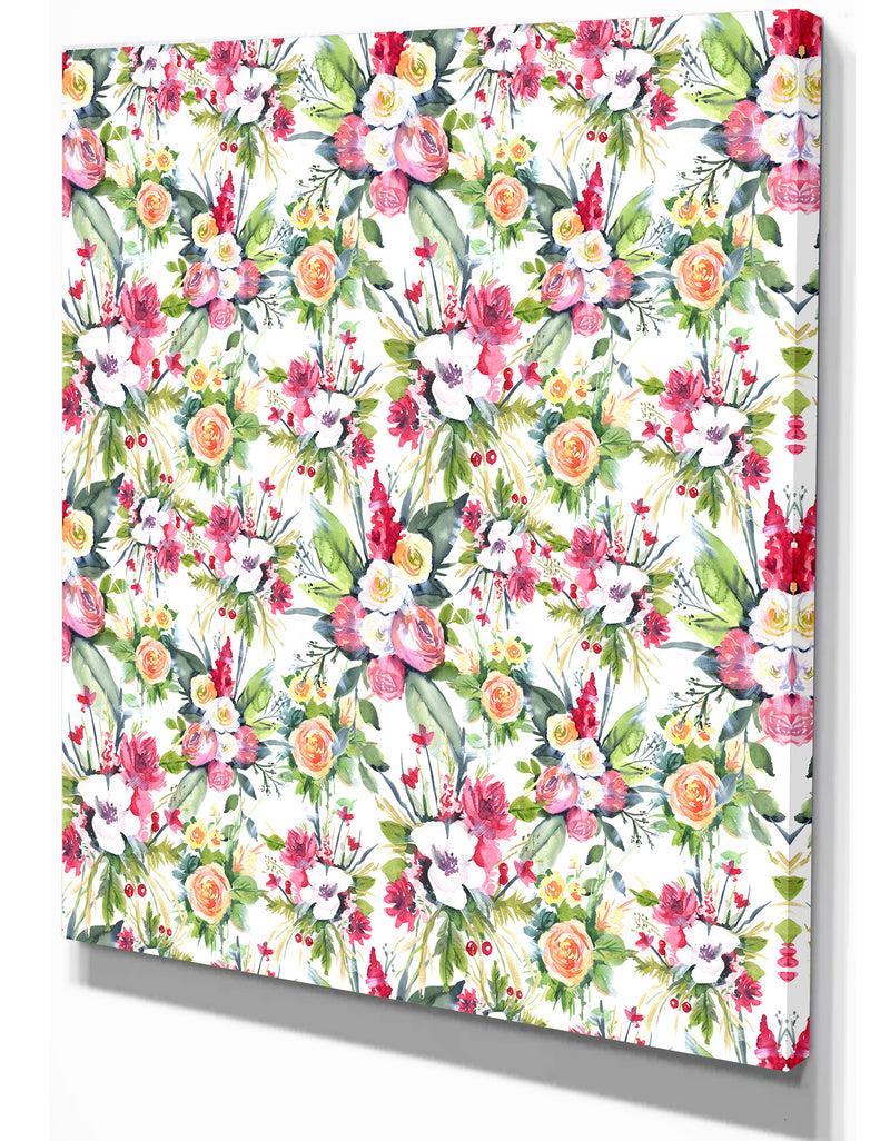 DesignQ Seamless Pattern Red Roses On White Background - Floral Painting Print On Wrapped Canvas