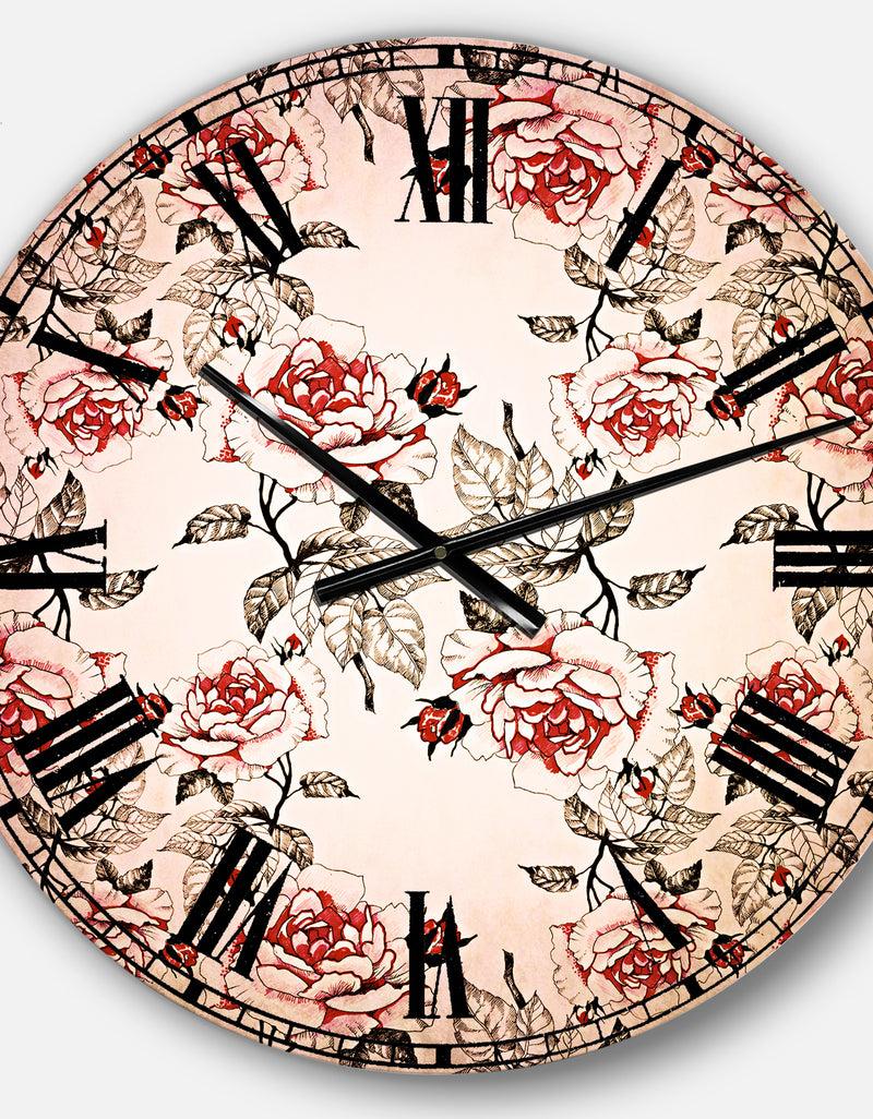 DesignQ Seamless Pattern With Red Roses - Floral Oversized Wall CLock