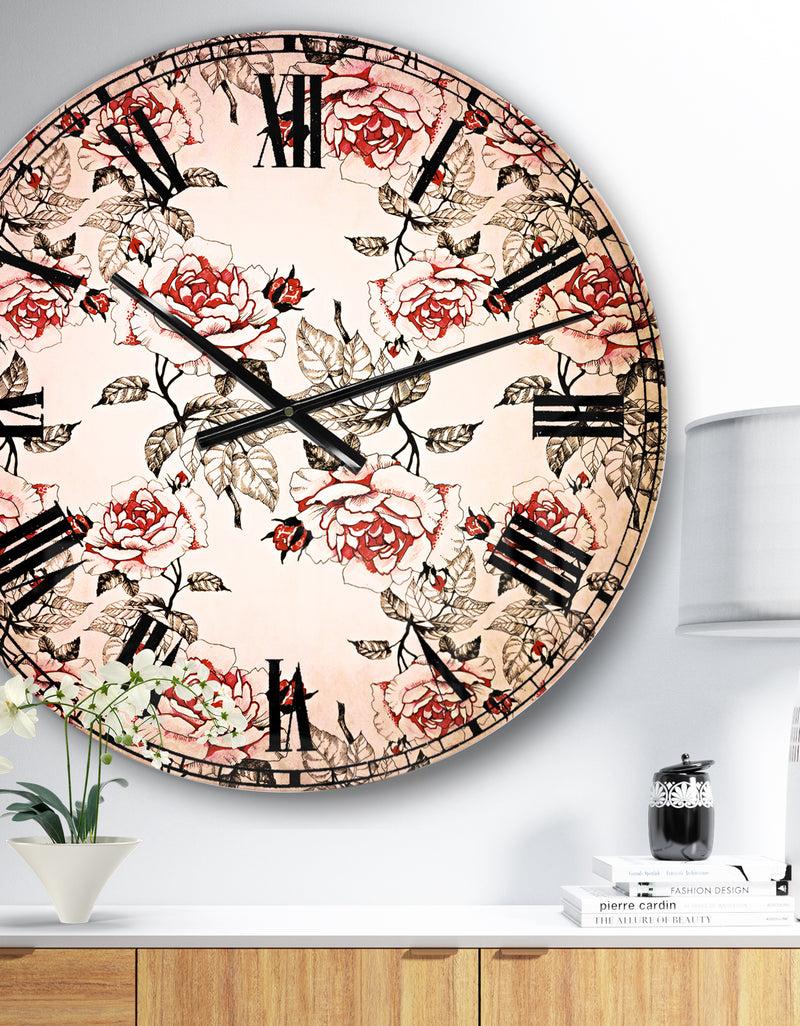 DesignQ Seamless pattern with red roses - Floral Oversized Wall CLock