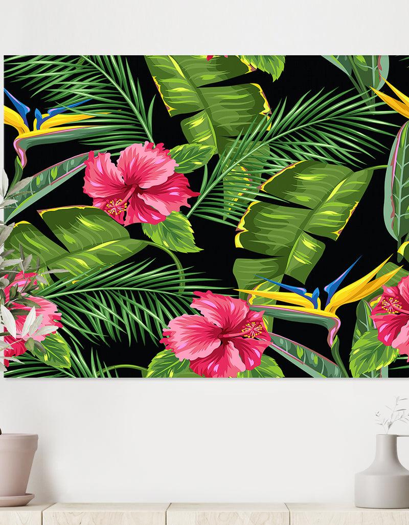 DesignQ Seamless pattern with tropical leaves and flowers - Tropical Canvas Wall Art