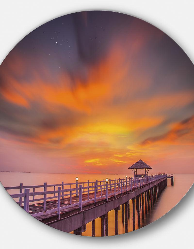 DesignQ Seashore With Long Wooden Pier - Sea Pier And Bridge Round Metal Wall Art