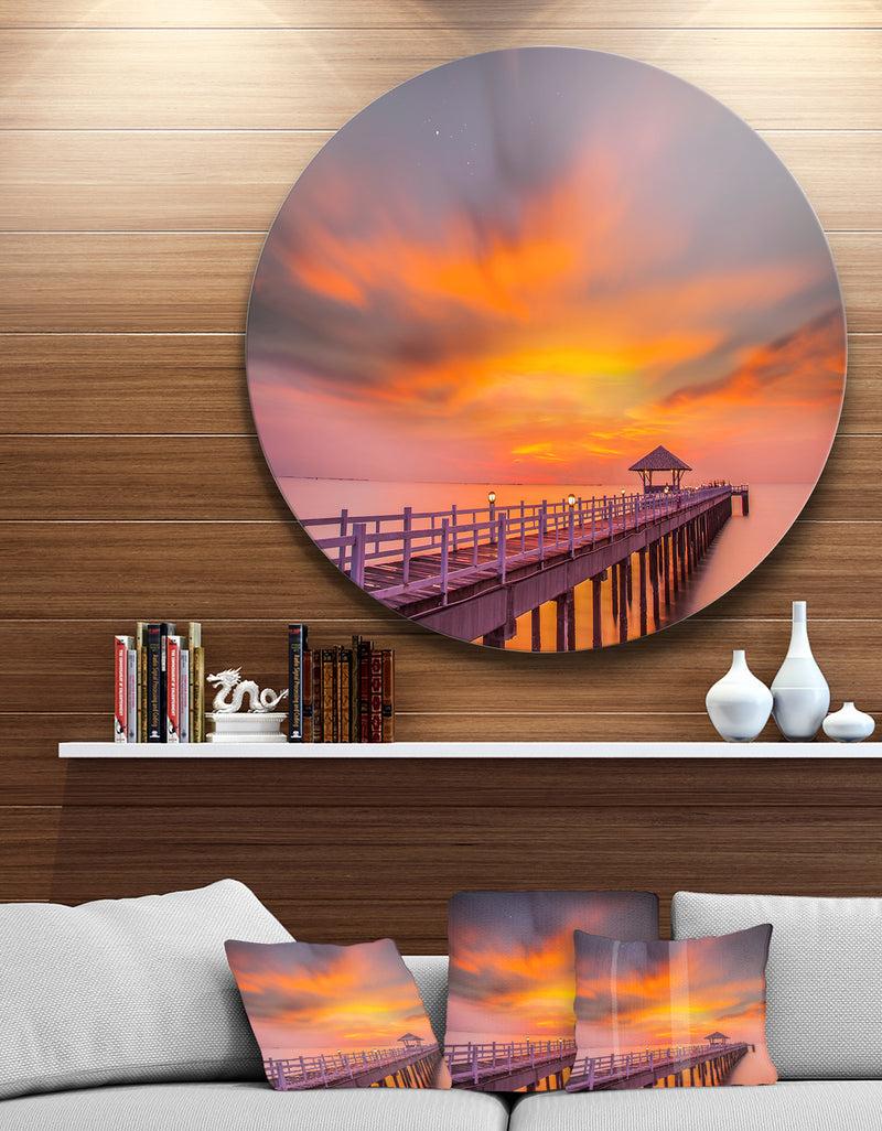 DesignQ Seashore with Long Wooden Pier - Sea Pier and Bridge Round Metal Wall Art