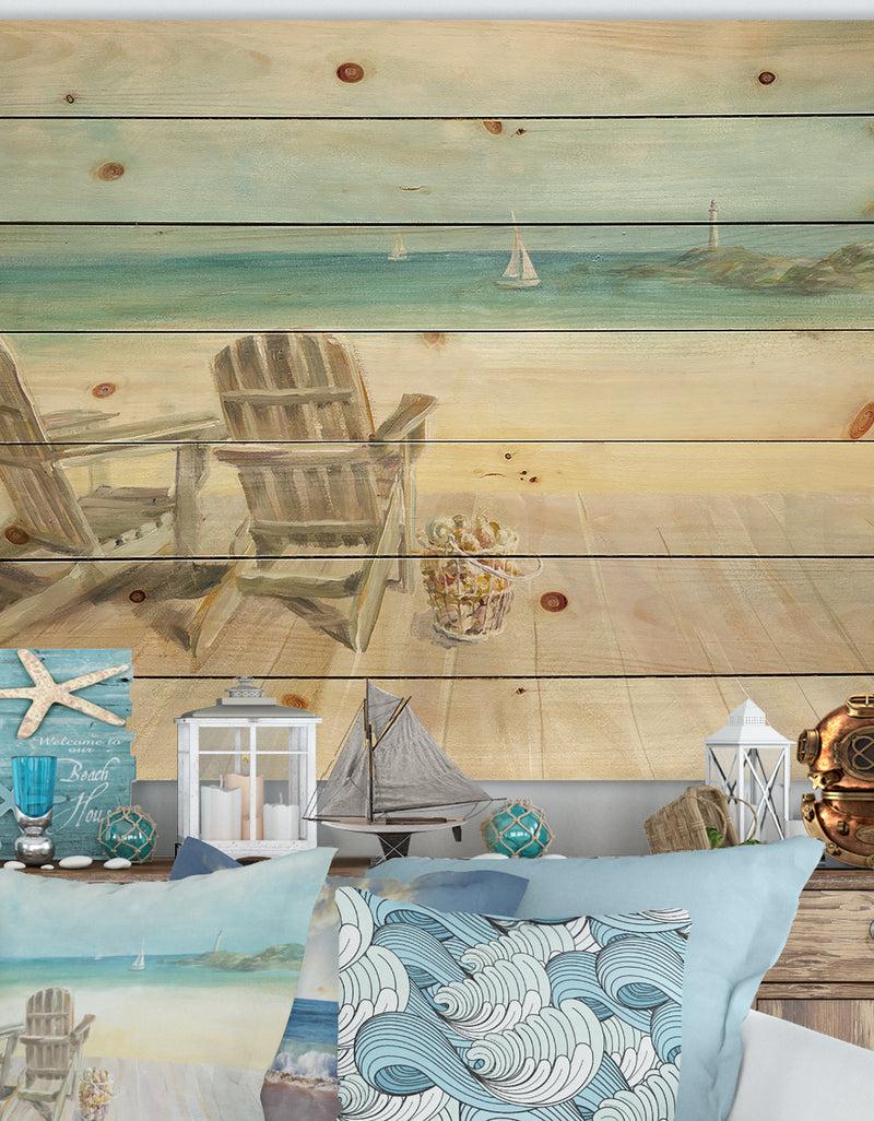 DesignQ Seaside Morning no Window - Coastal Print on Natural Pine Wood